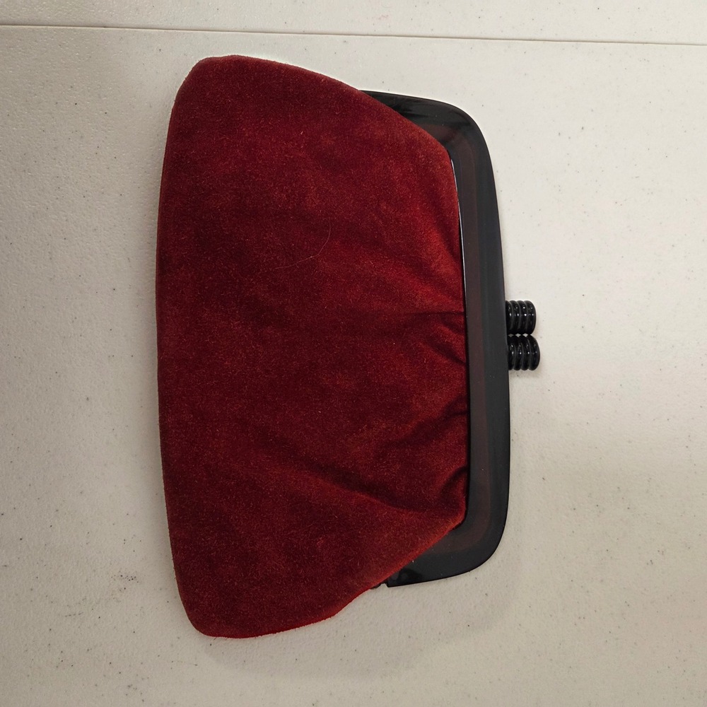 Vintage Burgundy Red Suede Clutch Bag Kiss Lock Dark Tortoise Lucite Frame